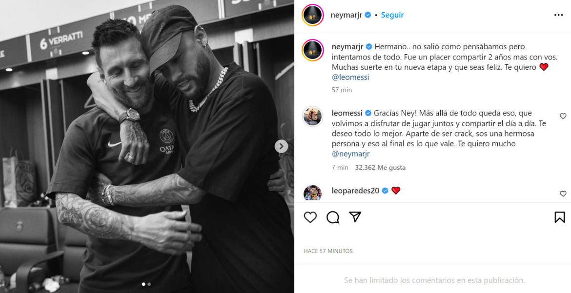 Neymar le dedicó unas palabras a Messi. Foto: Instagram.