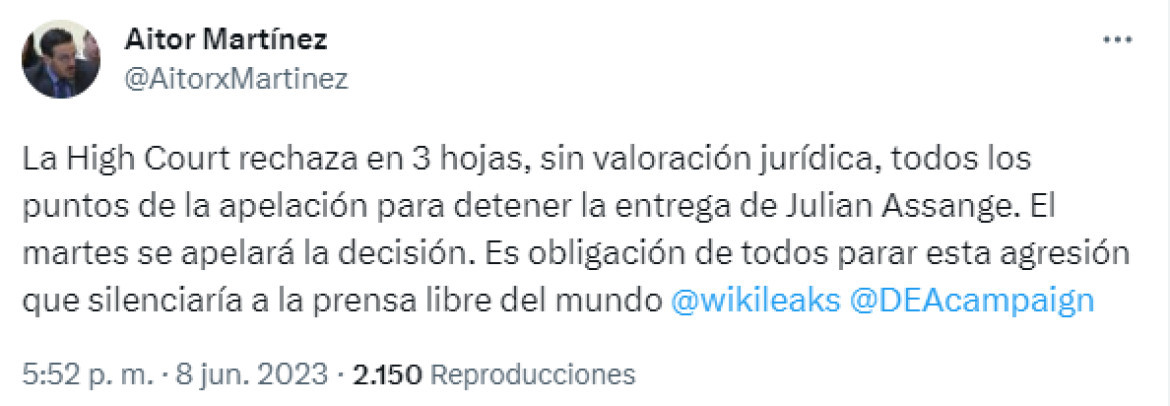 Declaración de uno de los abogados de Assange. Fuente: Twitter.