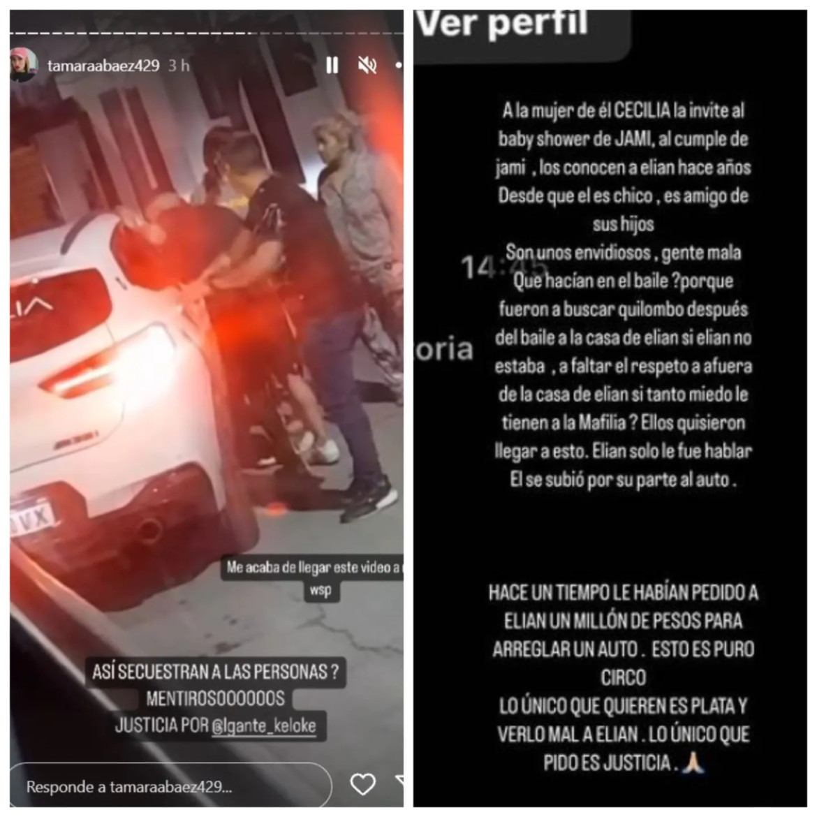 El mensaje de defensa de Tamara Báez a L-Gante. Foto: Instagram.