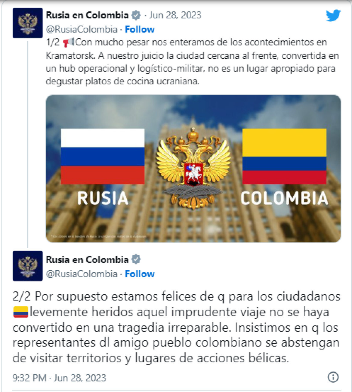 El mensaje de la Embajada rusa en Colombia. Foto: Captura de pantalla, Twitter.