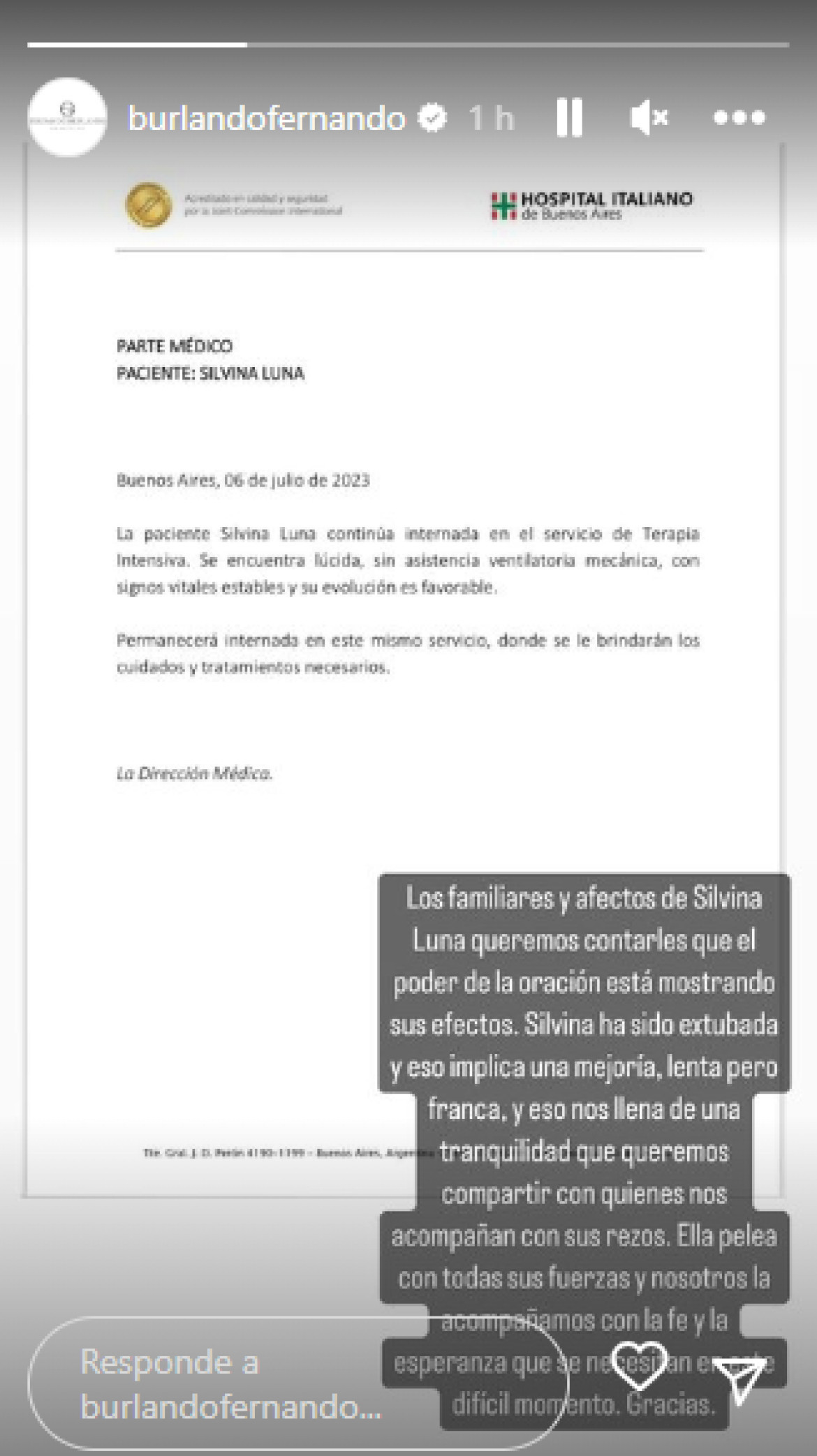 Historia de Instagram de Fernando Burlando sobre el parte médico de Silvina Luna