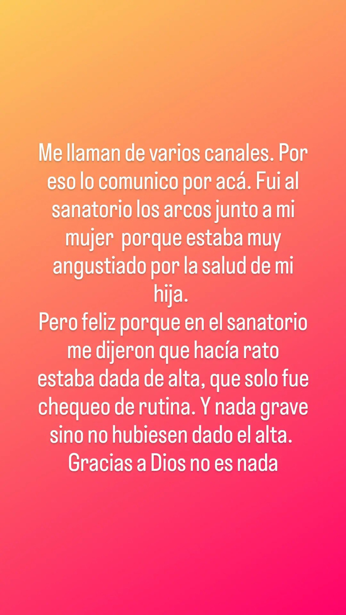 La publicación de Andrés Nara sobre el estado de salud de Wanda. Foto: Instagram @andres_r_nara.