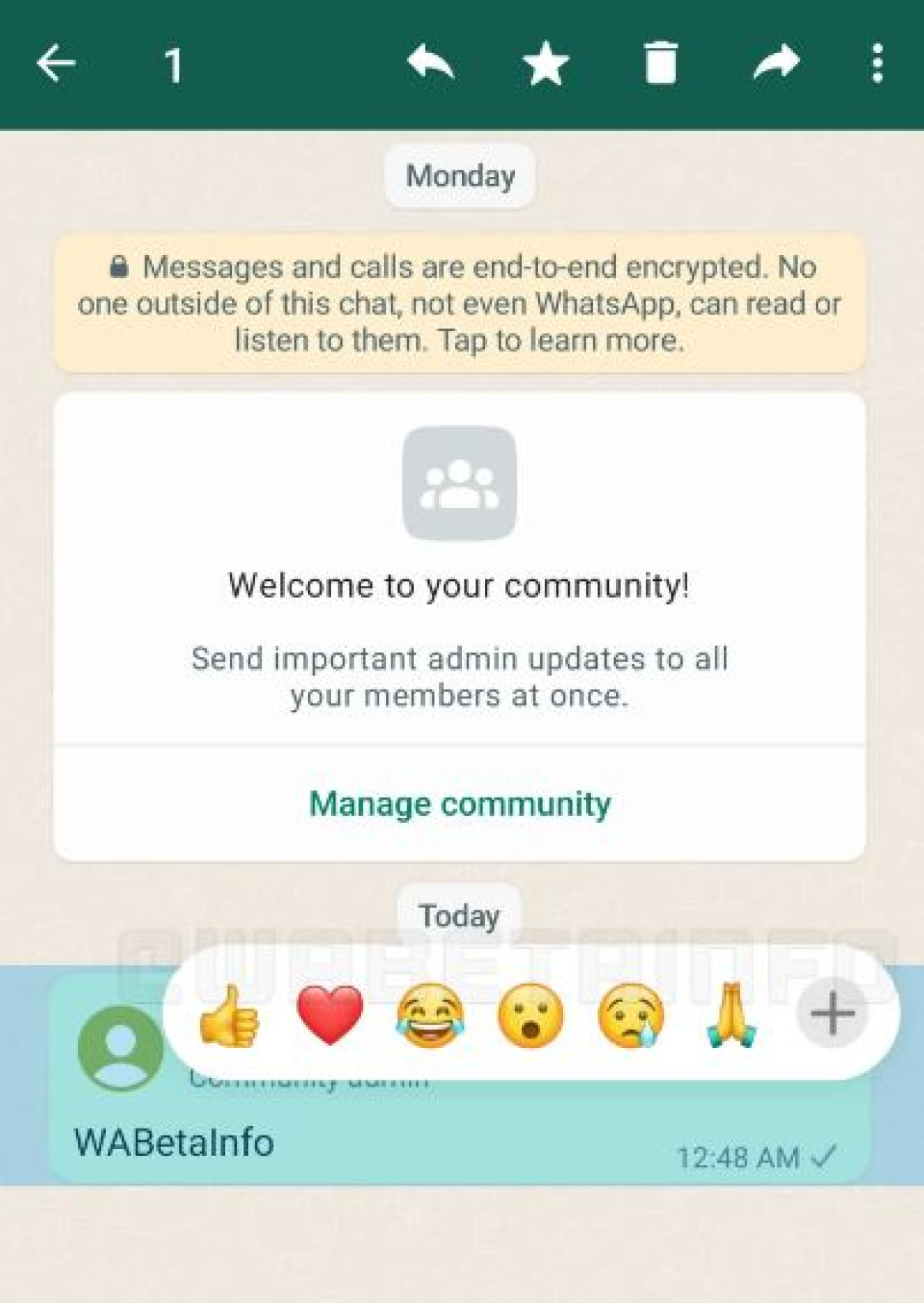 Las reacciones serán "secretas" en las Comunidades de WhatsApp. Foto: WABetaInfo.