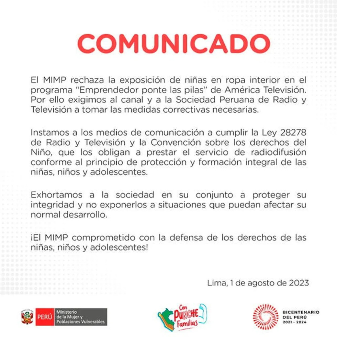 Comunicado oficial del programa. Foto: redes sociales