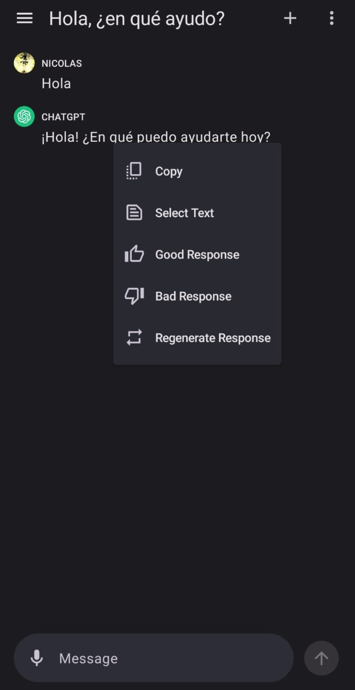 Interacción en ChatGPT en Android. Foto: captura de pantalla.