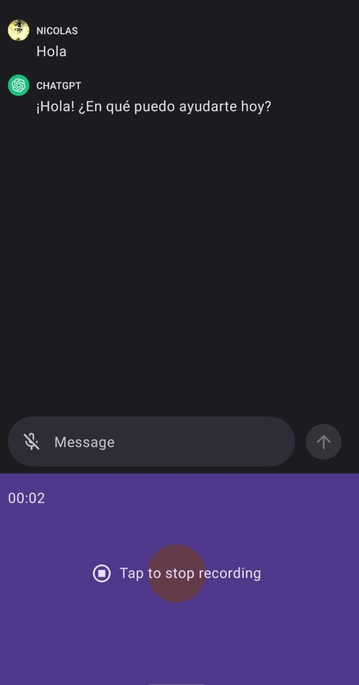 Dictado por voz en ChatGPT para Android. Foto: captura de pantalla.
