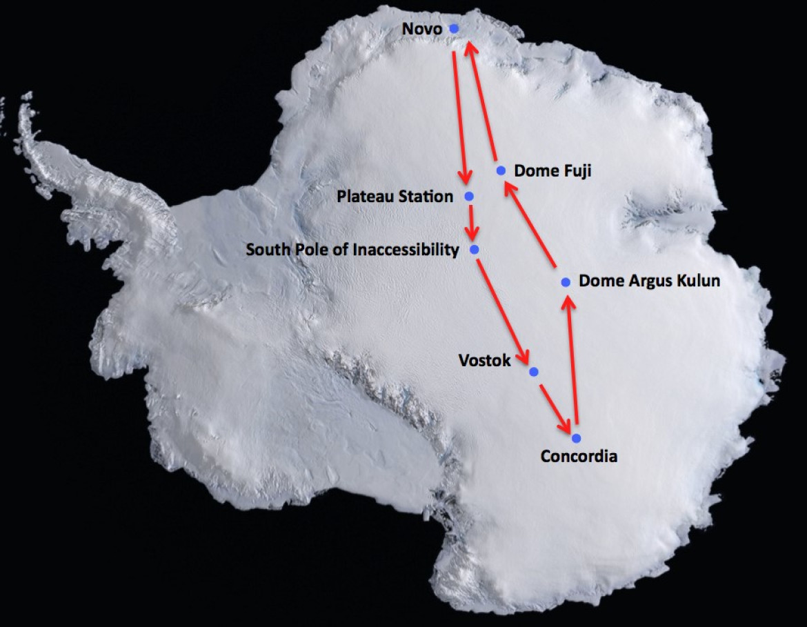 Distancia entre el Domo Fuji y la estación de investigación Vostok. Foto: greenland.net