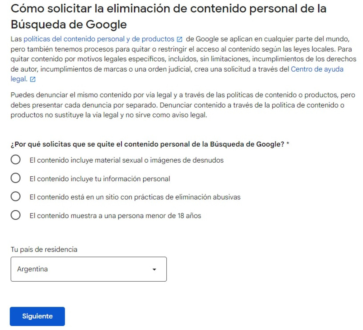 Formulario de Google para eliminar contenido de sus resultados de búsqueda. Foto: captura.