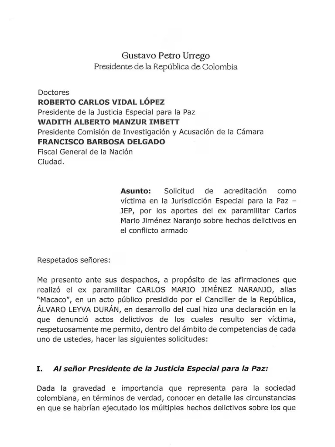 Solicitud del presidente Petro. Foto: Carta de presidencia