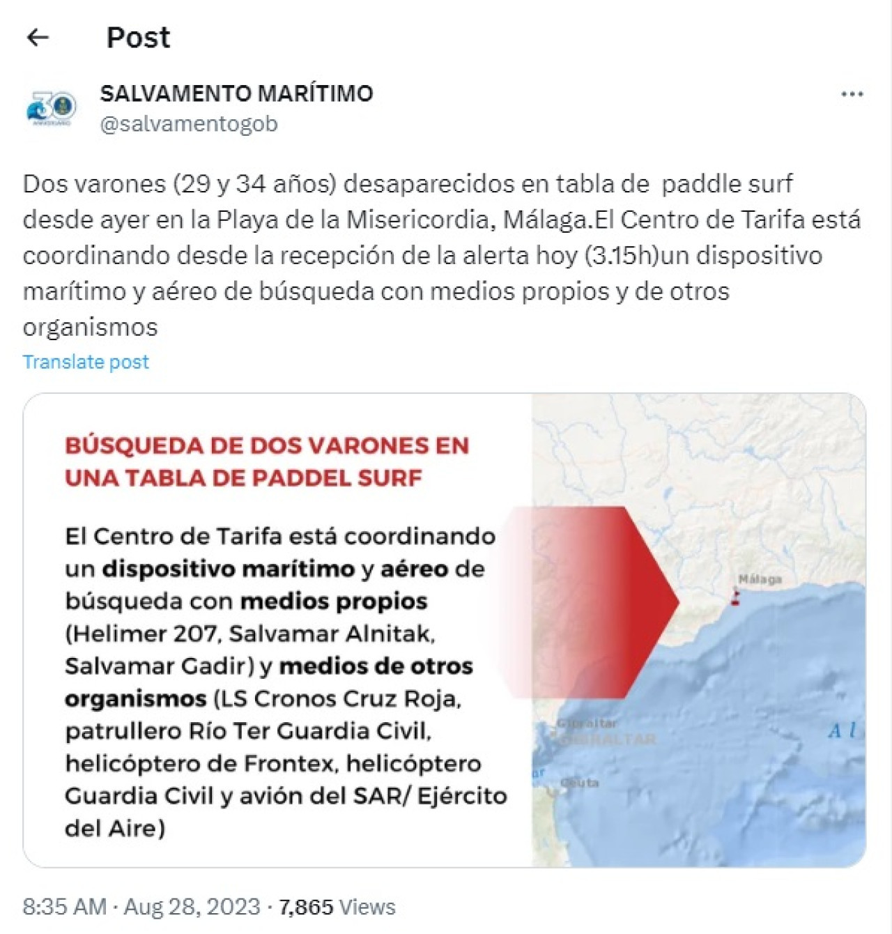 Búsqueda de marplatenses en Málaga. Foto: Twitter.