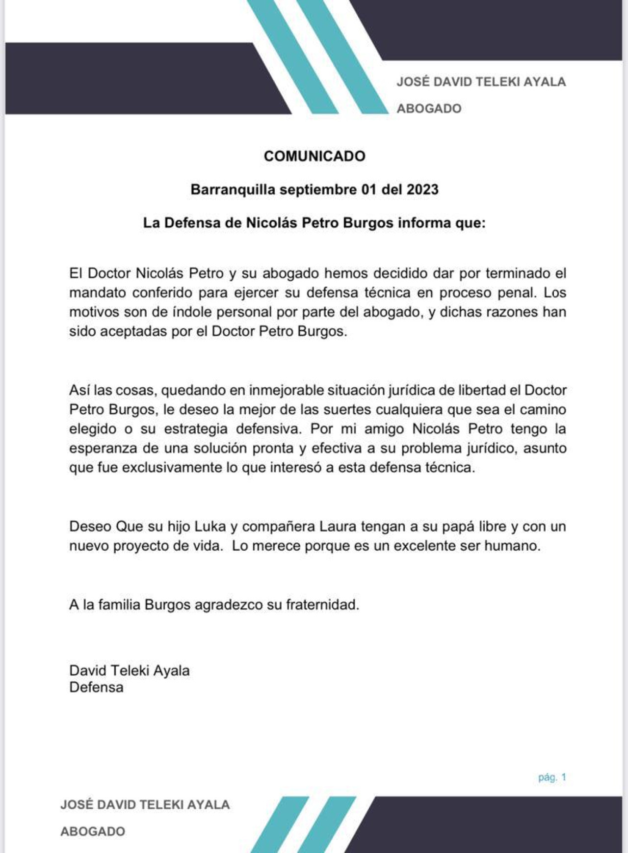 Comunicado del abogado de Nicolás Petro. Foto: Twitter.