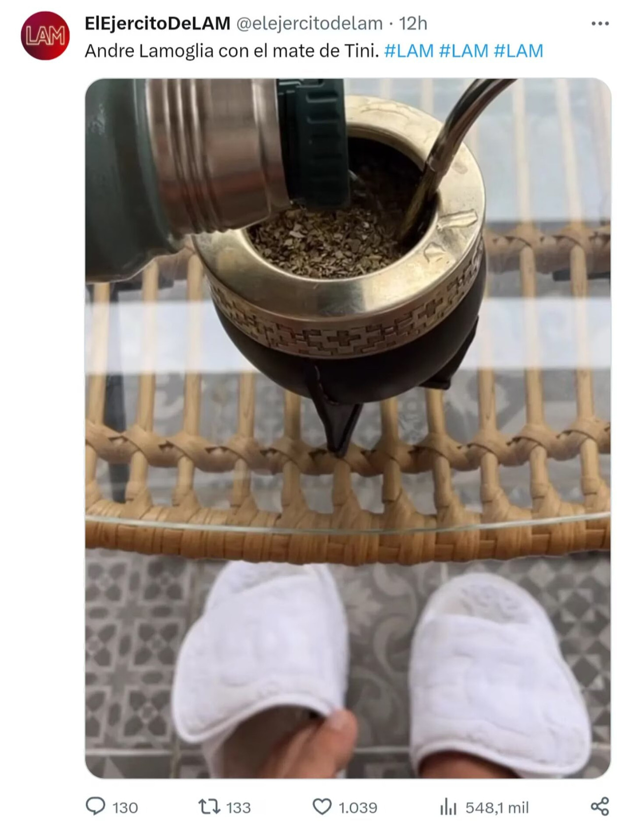 Foto de Lamoglia tomando mate. Foto: Instagram.