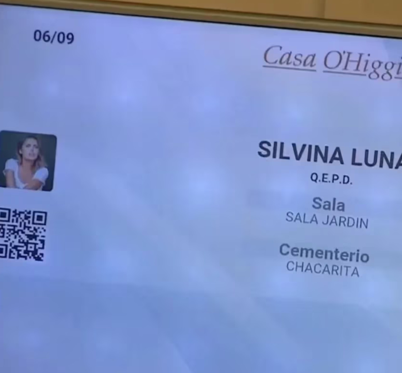 La foto que eligieron los familiares de Silvina Luna para el sepelio. Foto: captura Telefe.