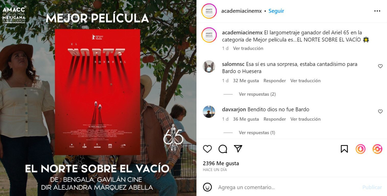 "El norte sobre el vacío" se llevó el galardón más importante de los Premios Ariel 2023. Foto: Instagram @academiacinemx.