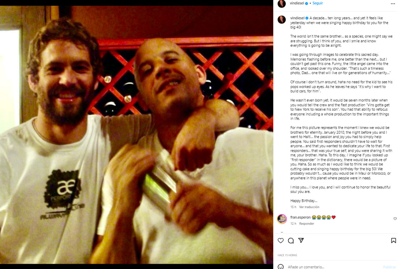 La carta de Vin Diesel a Paul Walker. Foto: NA.