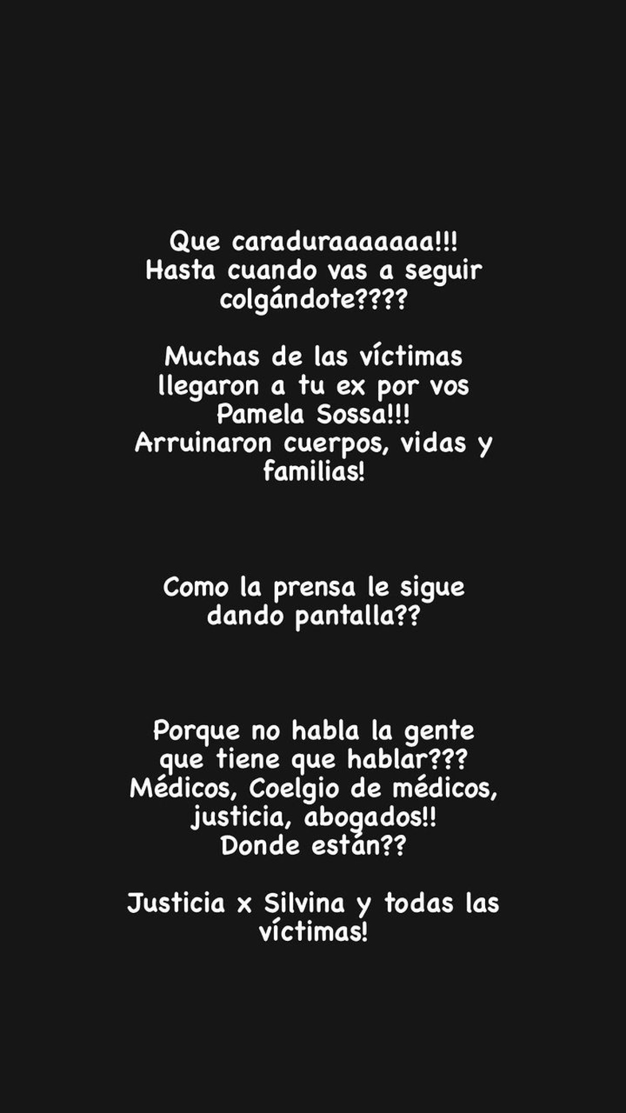 La historia que compartió Marengo acusando a Pamela Sosa. Foto: Instagram @marengorocio.