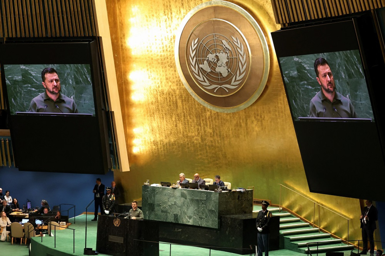 Volodimir Zelenski en la Asamblea General de la ONU. Foto: Reuters.