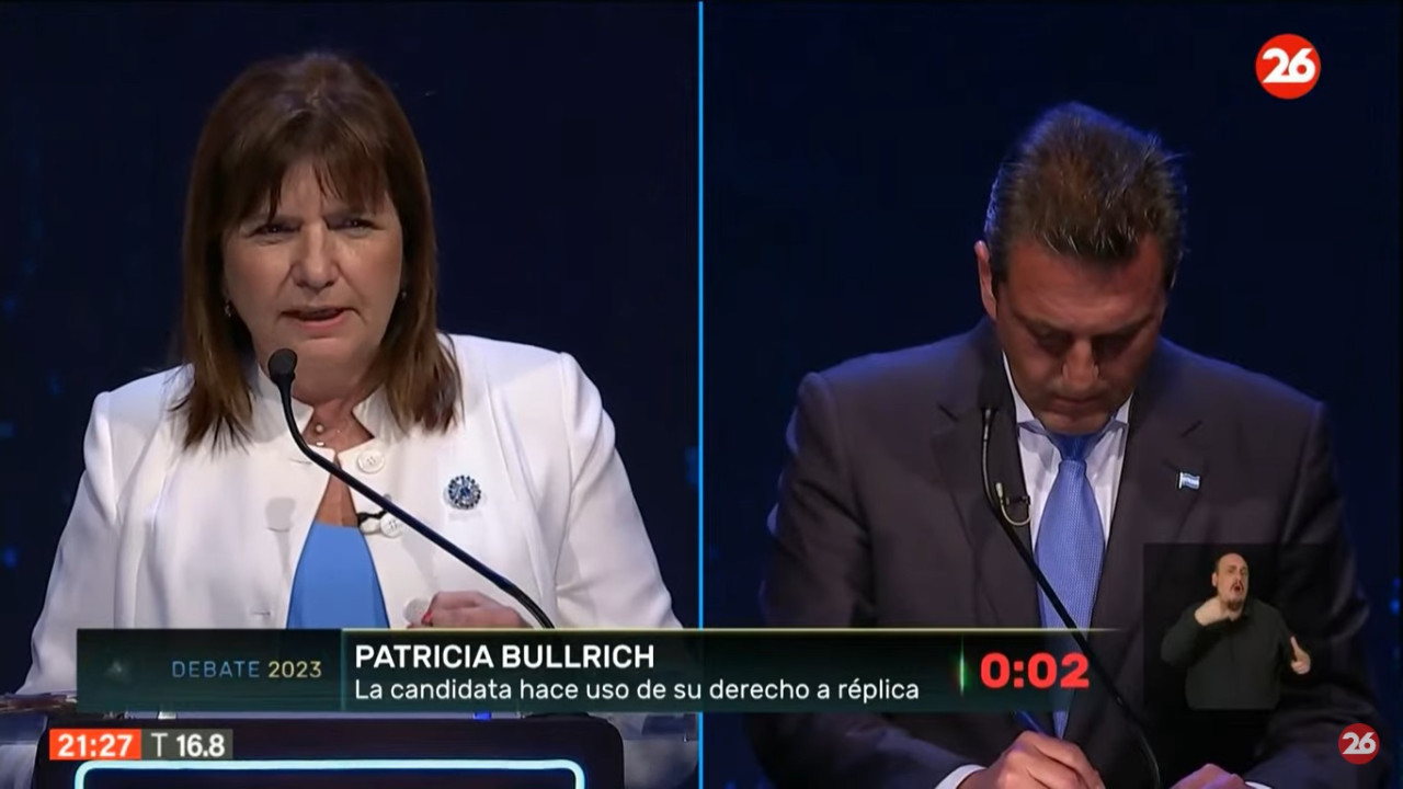 Debate presidencial 2023, Patricia Bullrich y Sergio Massa. Foto: captura de TV.