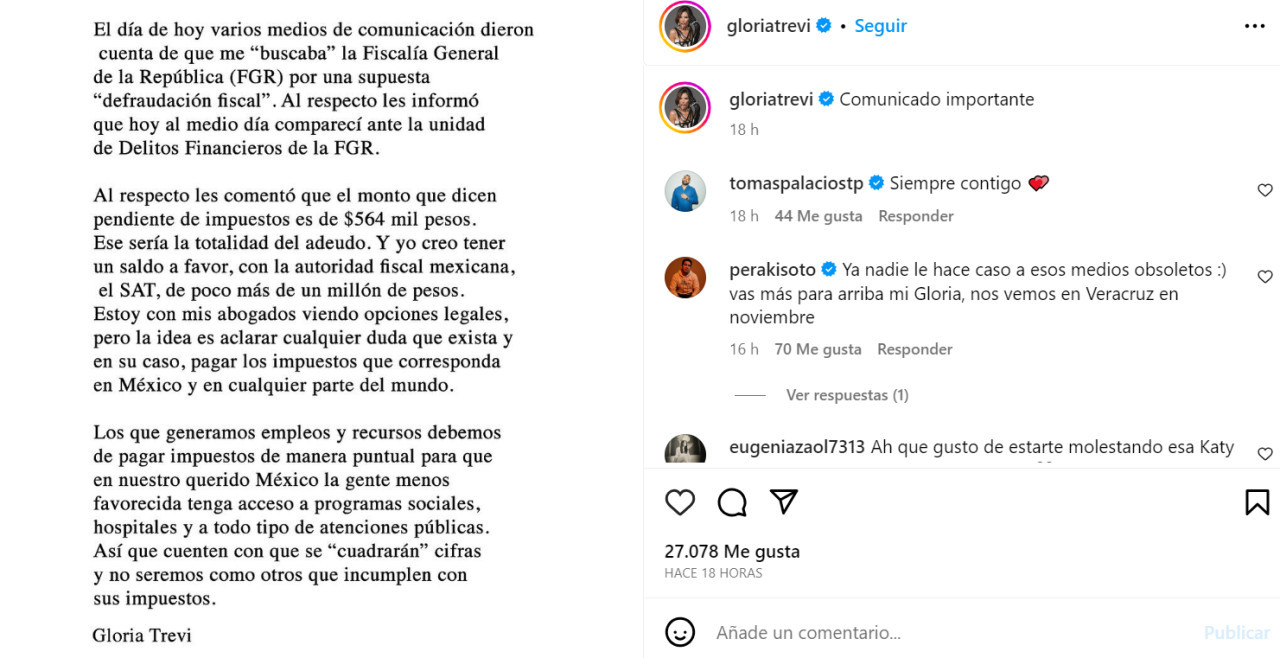 El comunicado de Gloria Trevi. Foto: Instagram.