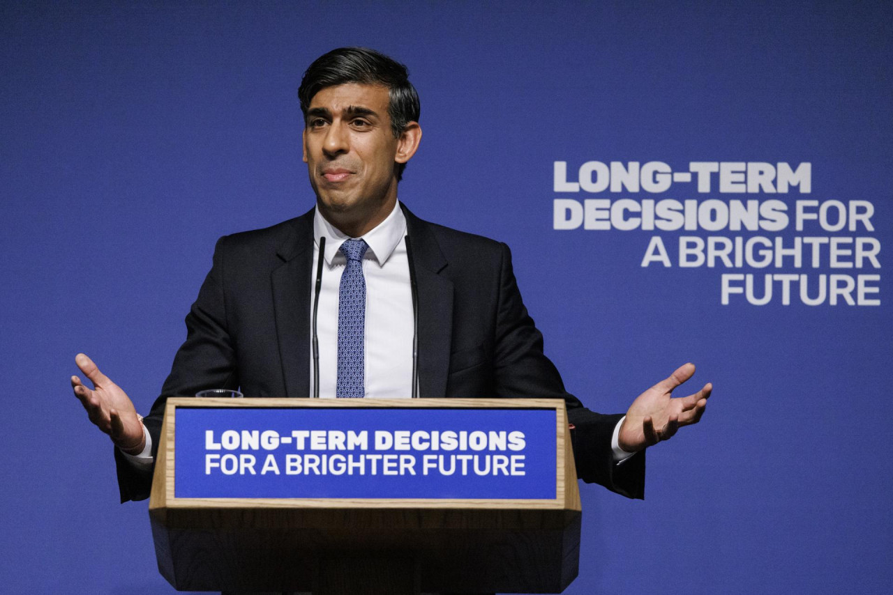 El primer Ministro británico Rishi Sunak durante su discurso sobre Inteligencia Artificial (IA). Foto: EFE.