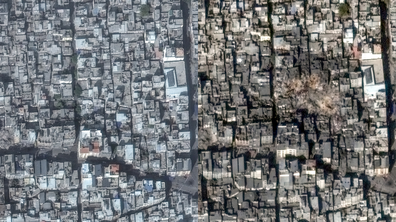 Antes y después de los ataques en el campo de refugiados. Foto: Reuters.