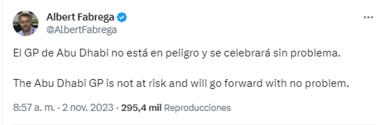 El periodista Albert Fabrega aseguró que el Gran Premio de Abu Dhabi no está en riesgo. Foto: Twitter.