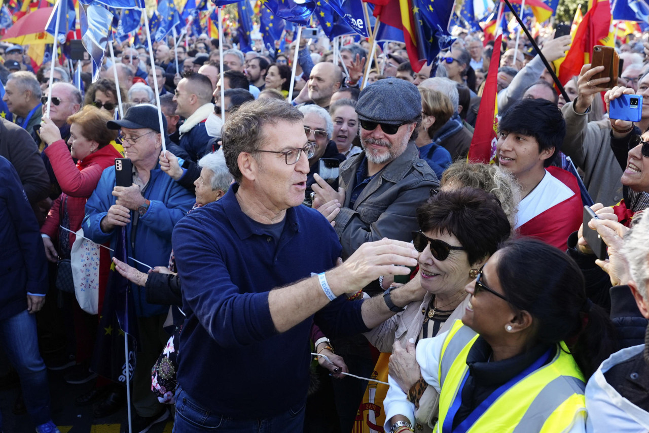 Núñez Feijóo en la manifestación contra de Pedro Sánchez y la amnistía con catalanes. Foto: EFE