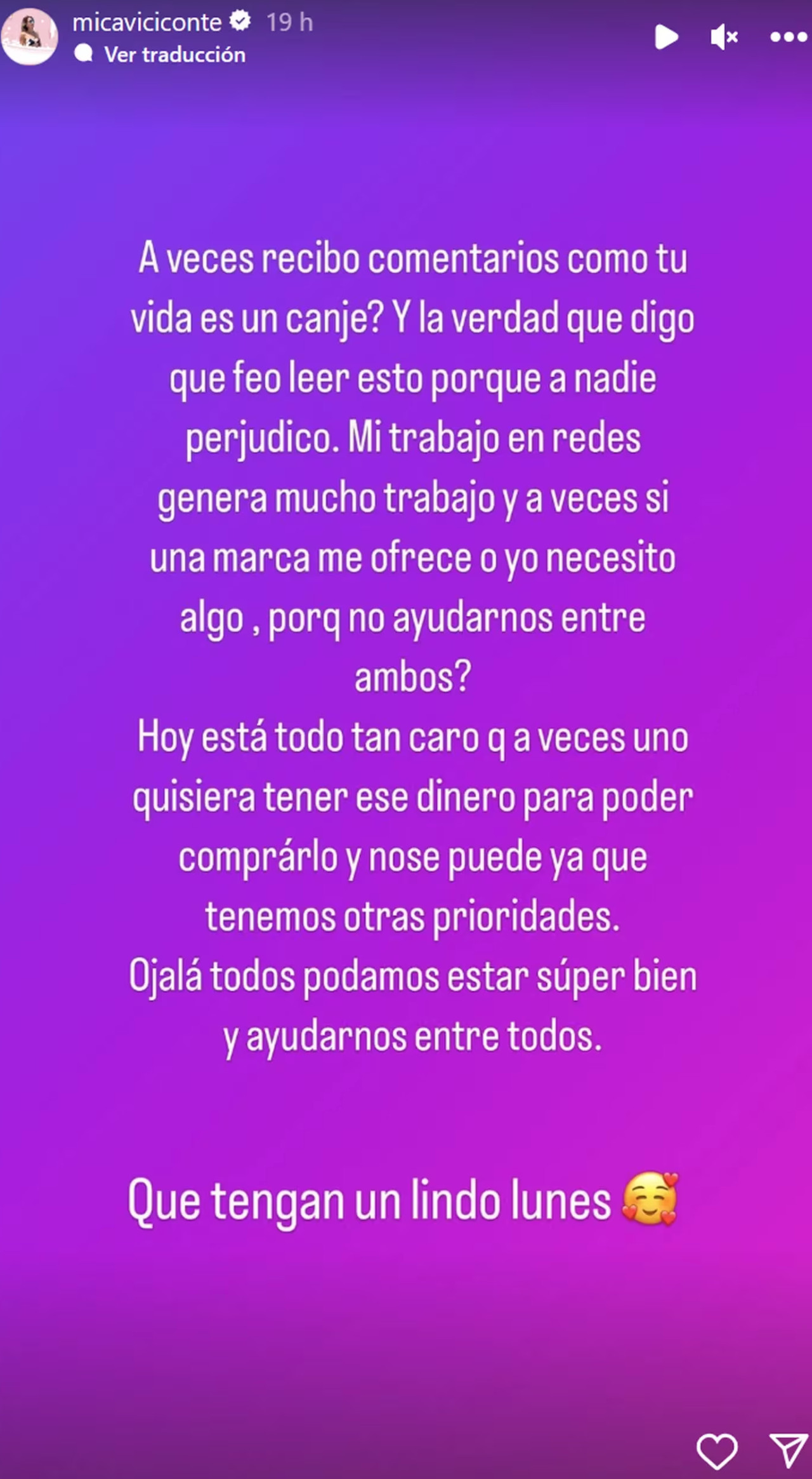 El descargo de Mica Viciconte. Foto: Instagram.