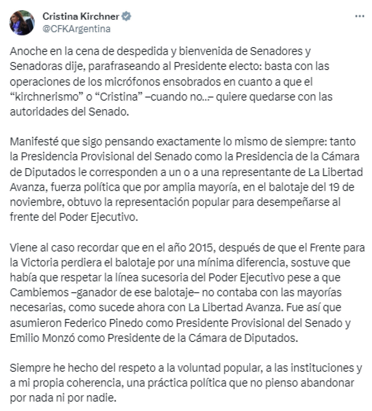 El mensaje de Cristina Kirchner. Foto: Twitter.