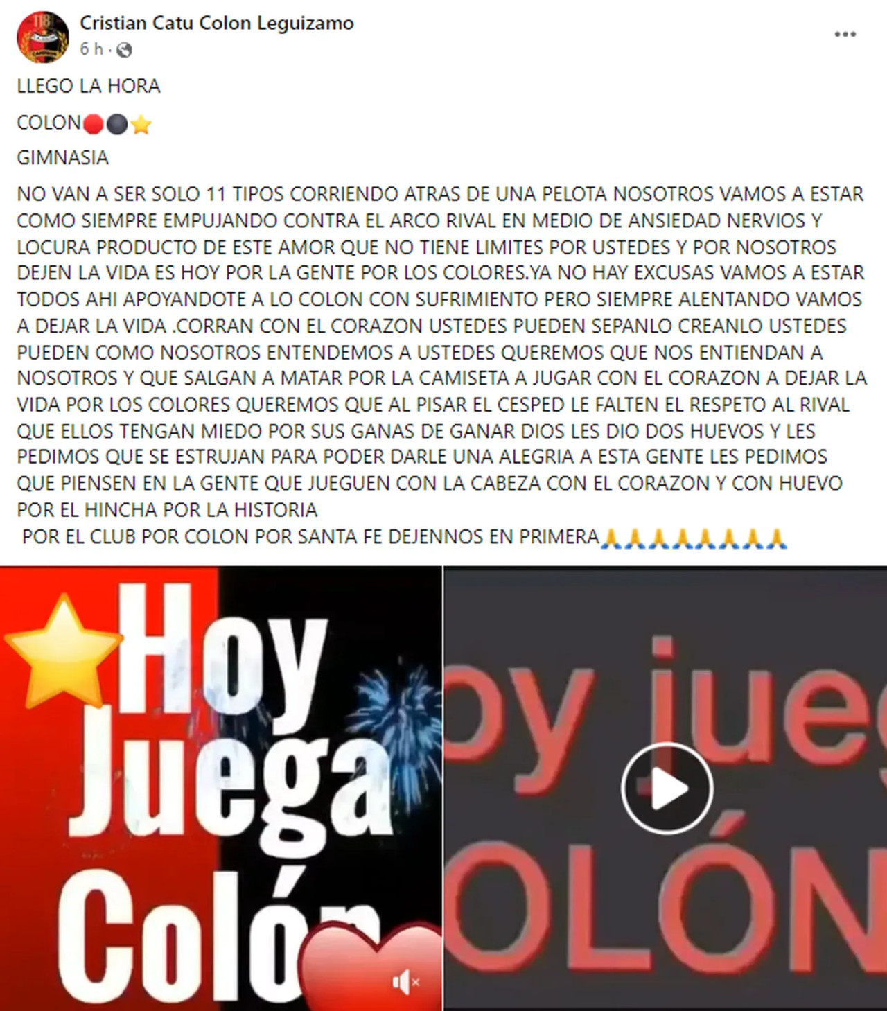 El último posteo del hincha de Colón que se suicidó. Foto: Facebook.