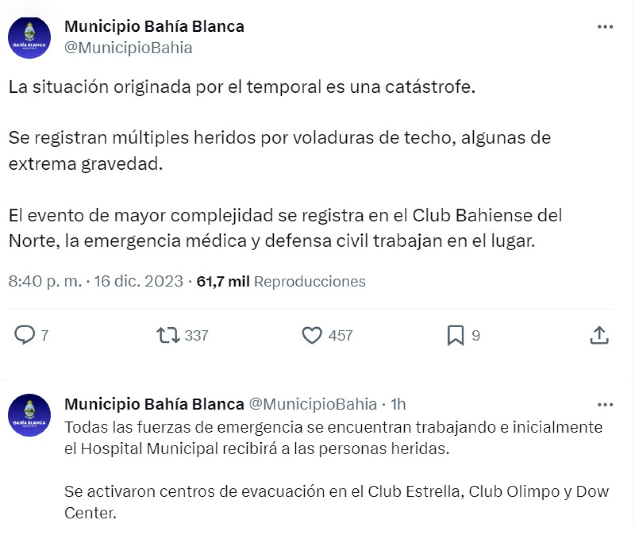 El mensaje del Municipio de Bahía Blanca.