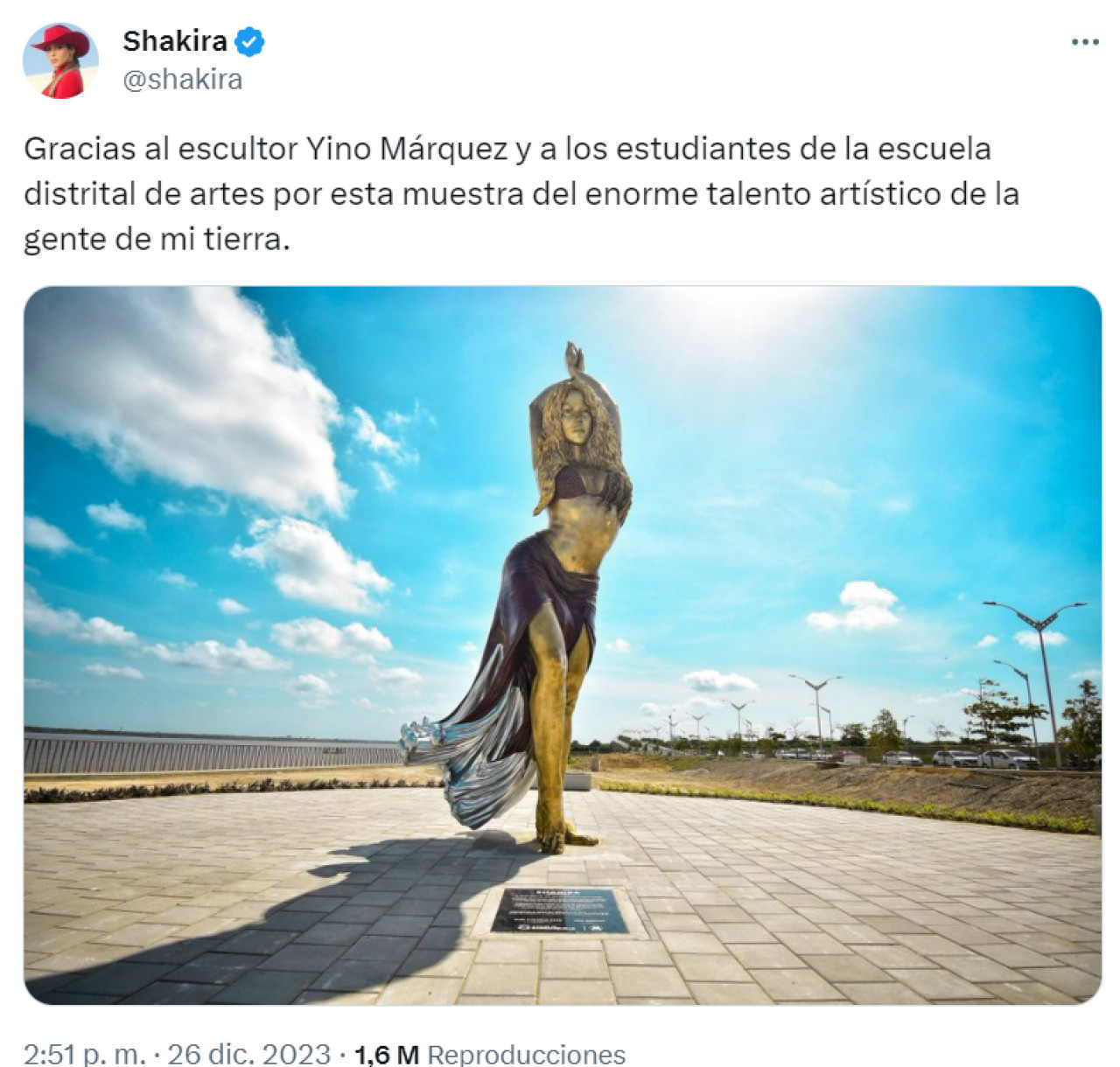 El agradecimiento de Shakira por la estatua en su honor. Foto: X.