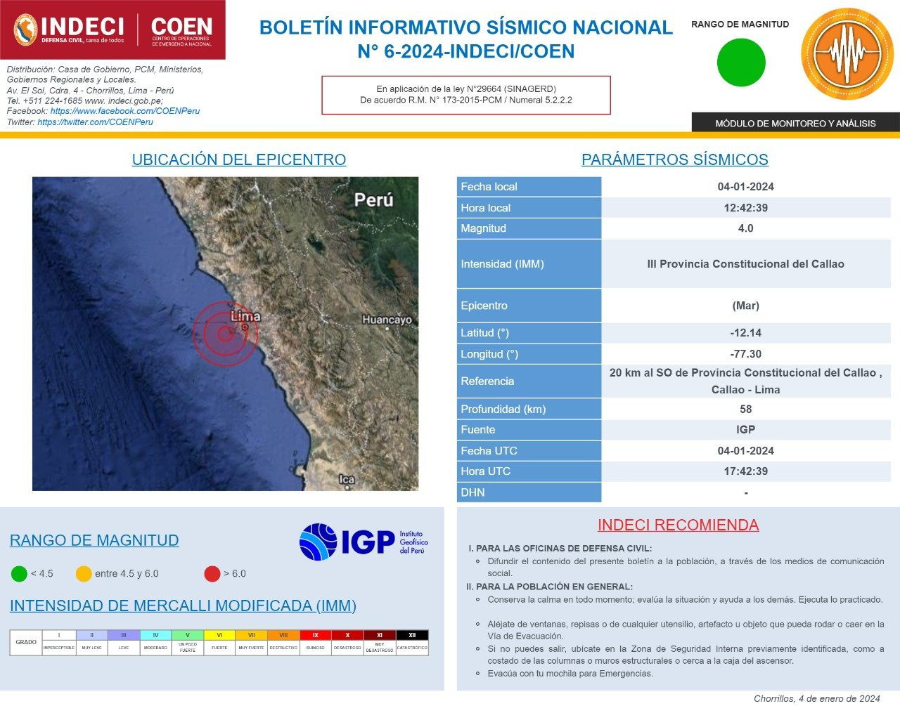 El boletín del sismo en Callao, Perú. Foto: X @COENPeru.