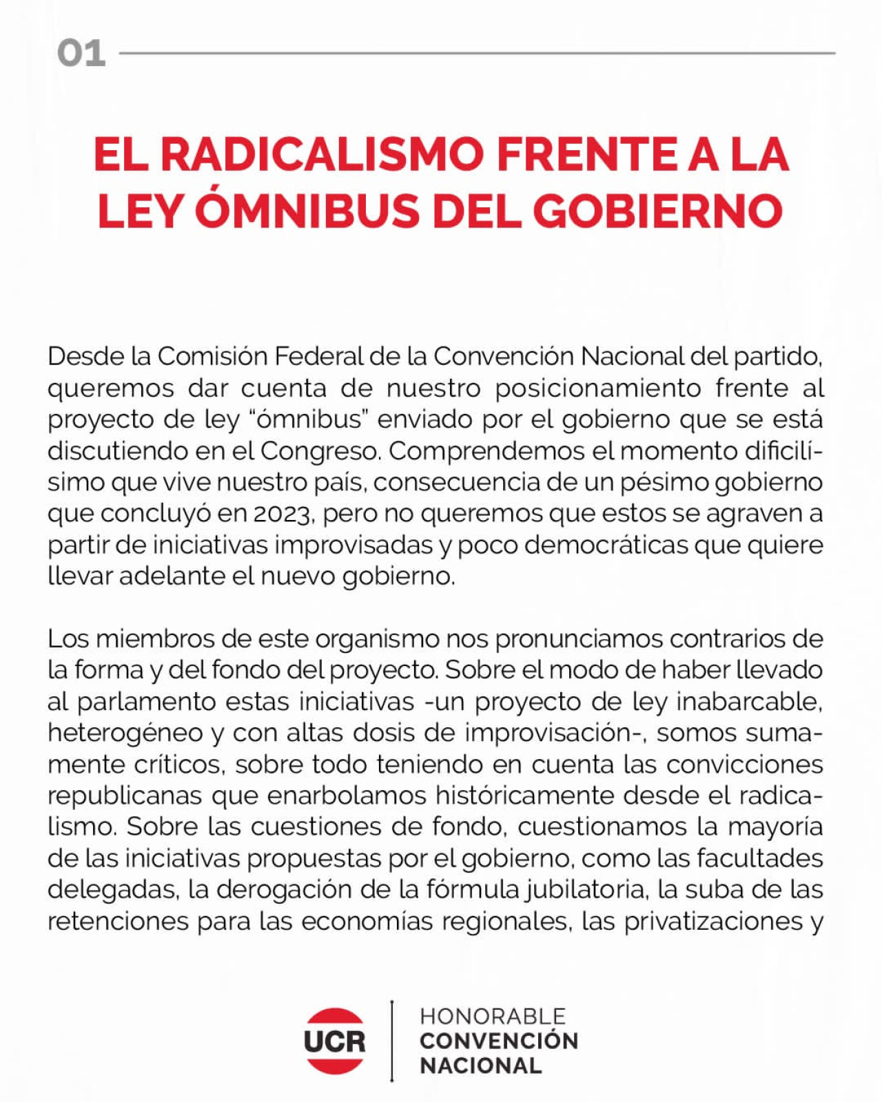 Comunicado de la UCR sobre la Ley Ómnibus - Parte 1.