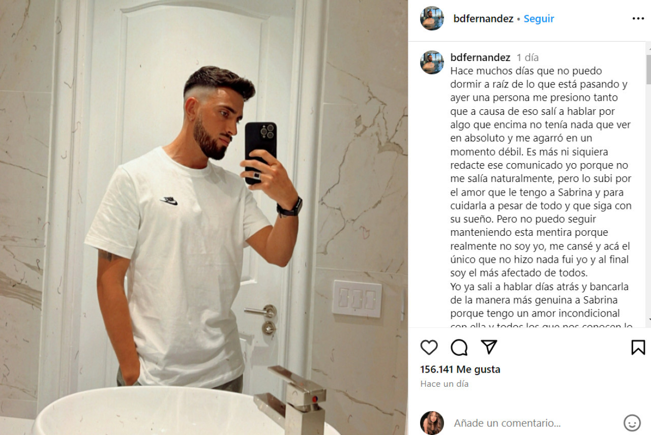 El extenso mensaje que escribió el novio de Sabrina. Foto: Instagram.