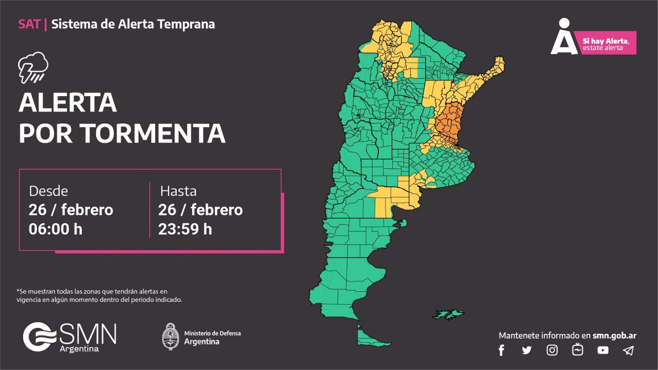 Alerta amarilla para el lunes 26 de febrero de 2024. Foto: X @SMN_Argentina.