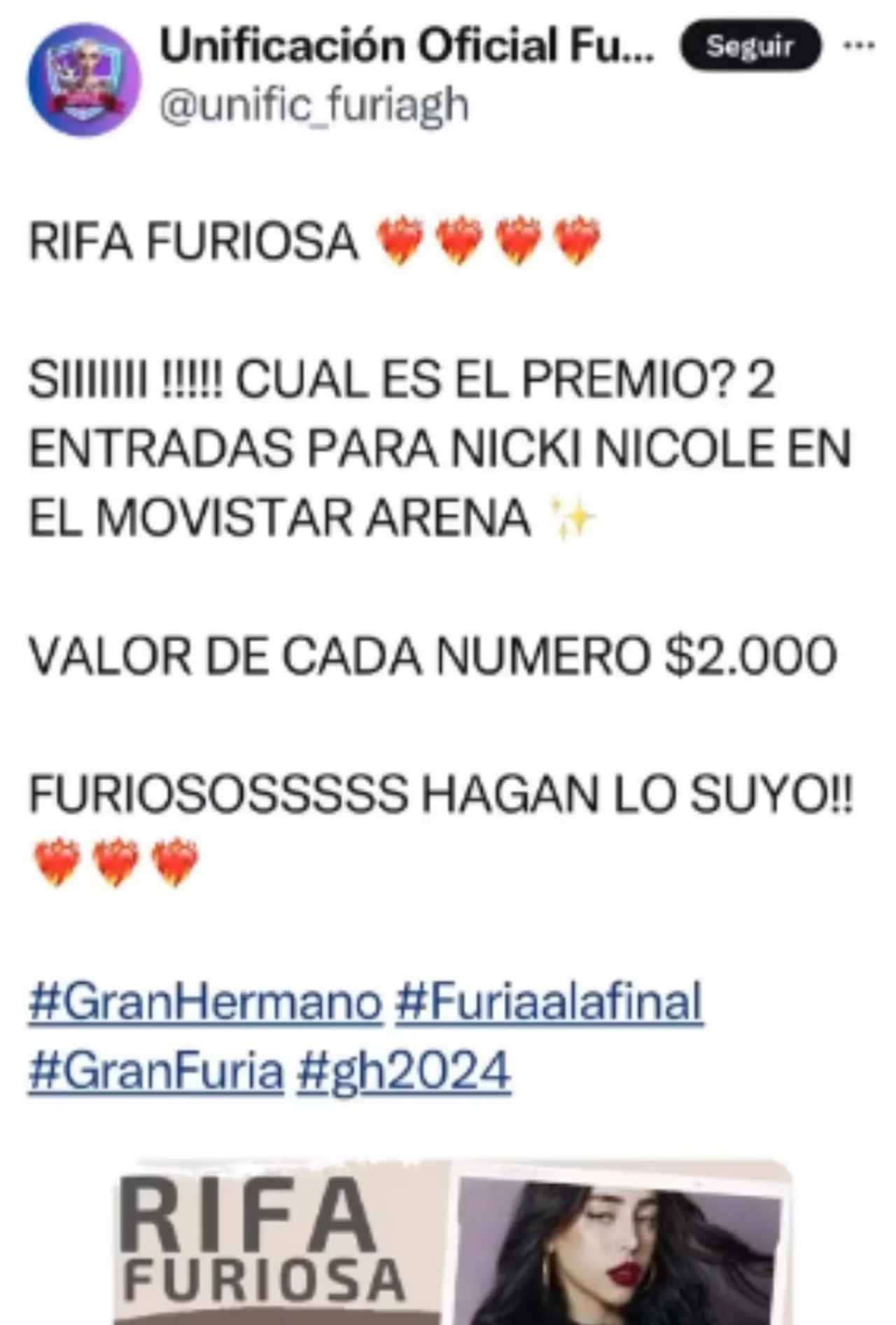 Las rifas a favor de Furia. Foto: X.