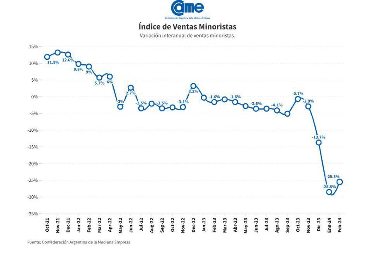 Datos del consumo en febrero 2024. Foto: CAME.