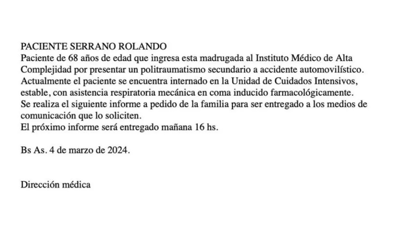 Parte médico de Roly Serrano. Foto: NA.