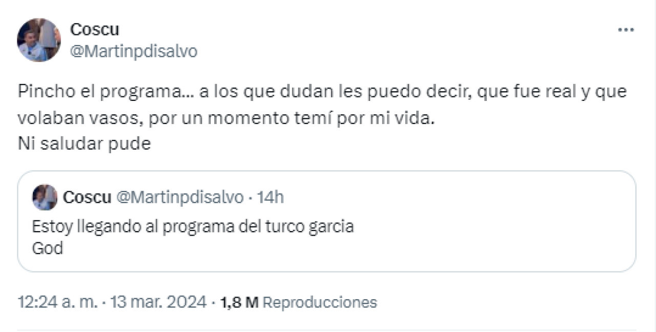 El mensaje de Coscu tras la pelea entre el Turco García y uno de sus invitados. Foto: Twitter.