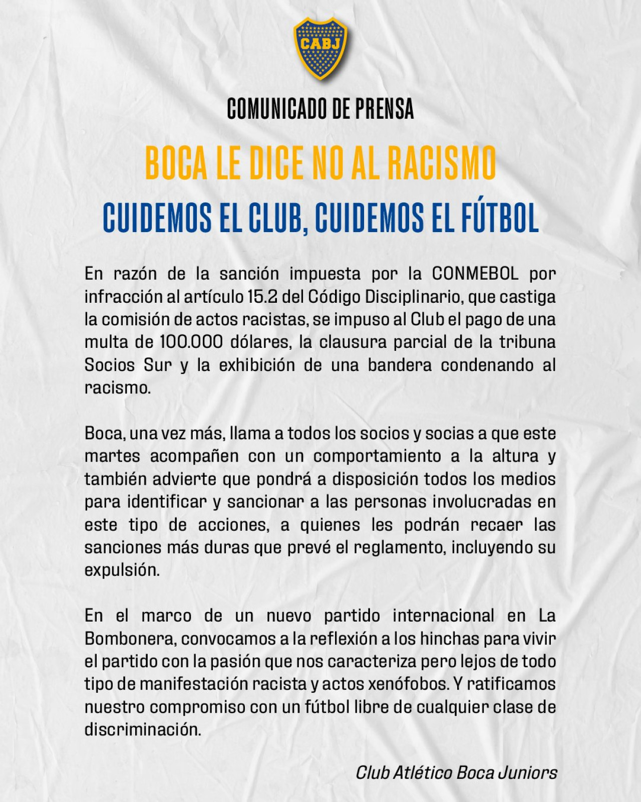 El comunicado de Boca tras la sanción por racismo. Foto: X @BocaJrsOficial.