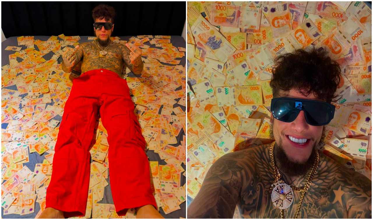 Alex Caniggia se sacó fotos con billetes de $1000 y en las redes se burlaron. Fotos: Instagram.