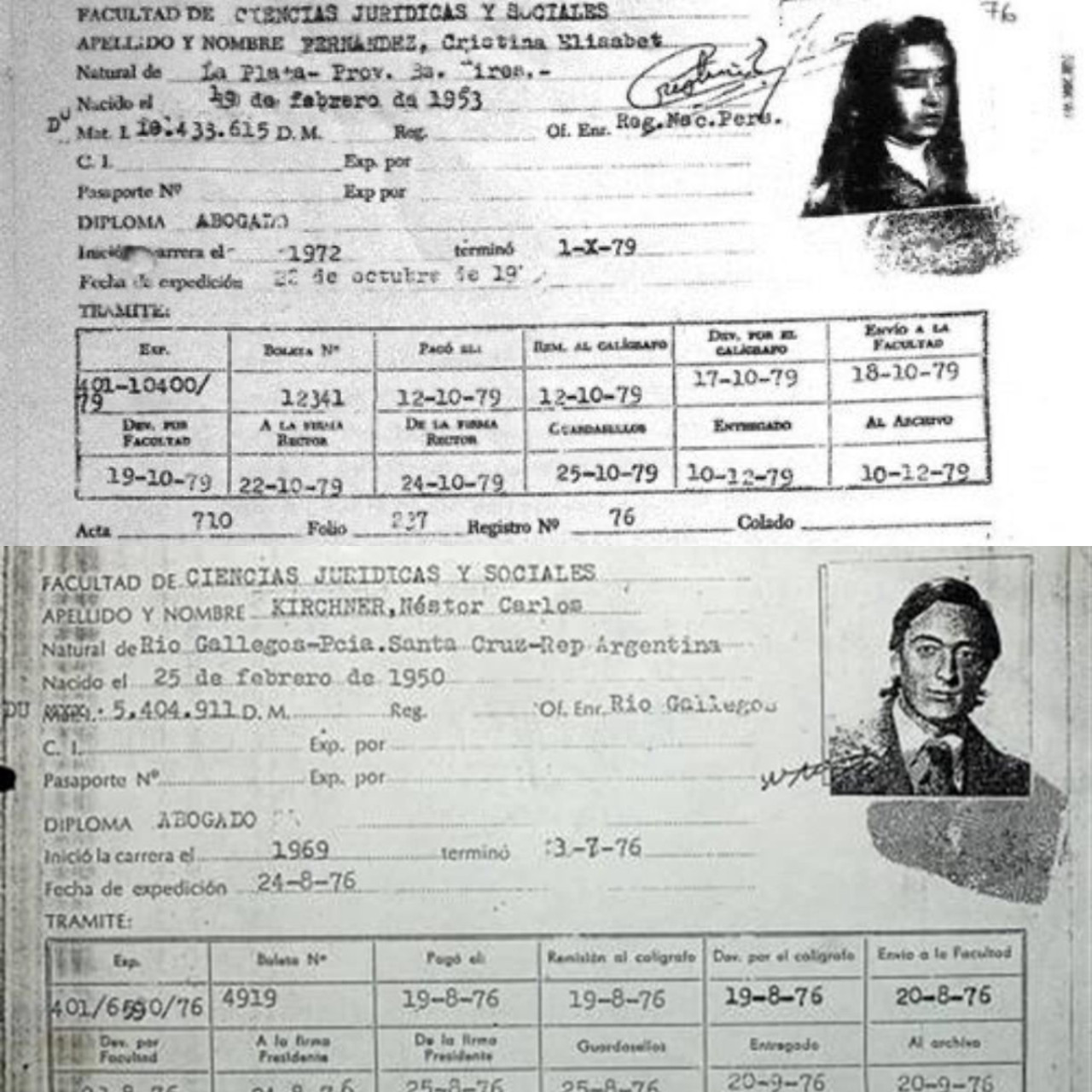 Fichas de Cristina y Néstor Kirchner en la universidad pública. Foto: Twitter.