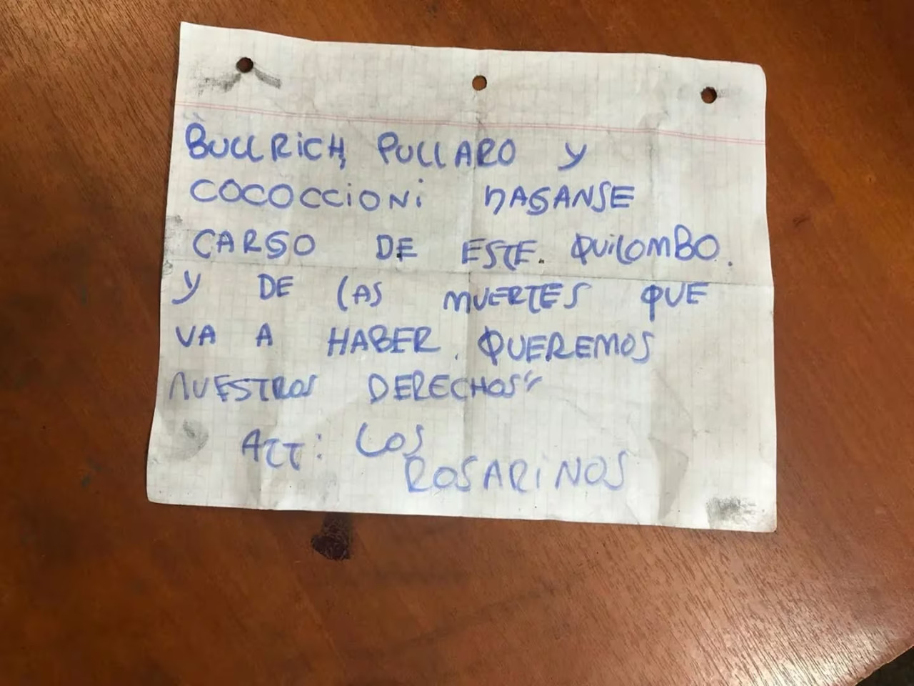 Amenaza narco contra autoridades. Foto: Ministerio de Seguridad.