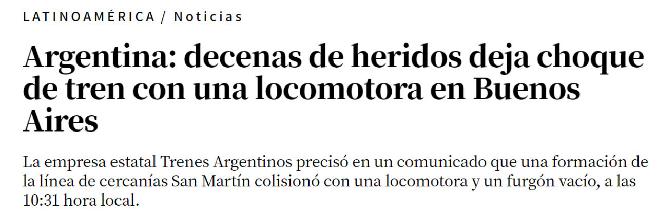 Así informaba El Comercio (Perú) sobre el choque de trenes en Palermo. Foto: captura de pantalla