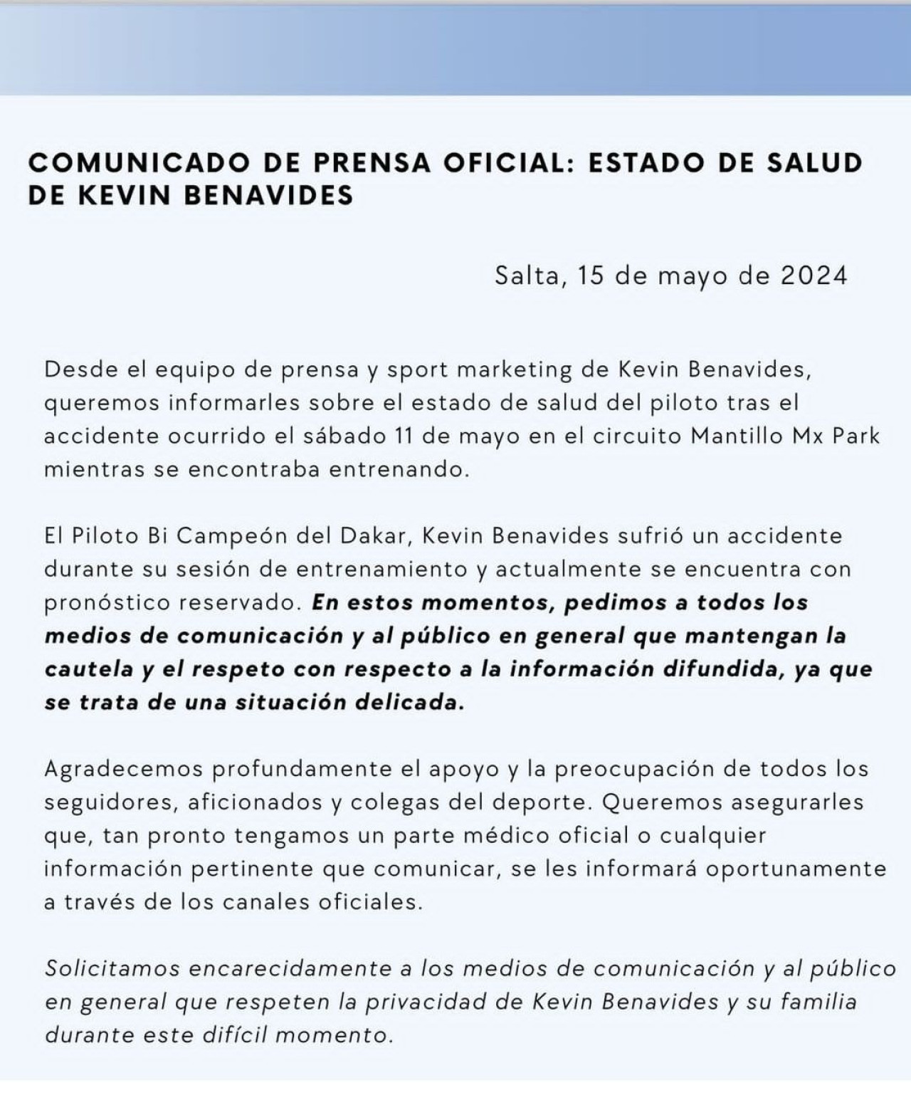 Comunicado de prensa sobre la salud de Kevin Benavides.