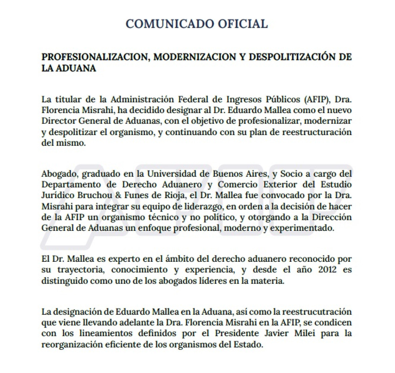 Comunicado de AFIP por la designación de Eduardo Mallea en Aduana.