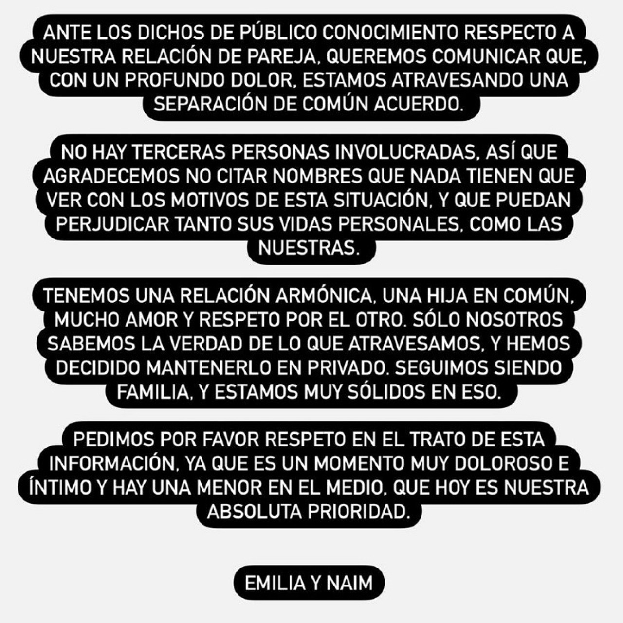 El comunicado de la separación entre Emilia Attias y Turco Naím. Foto: X.