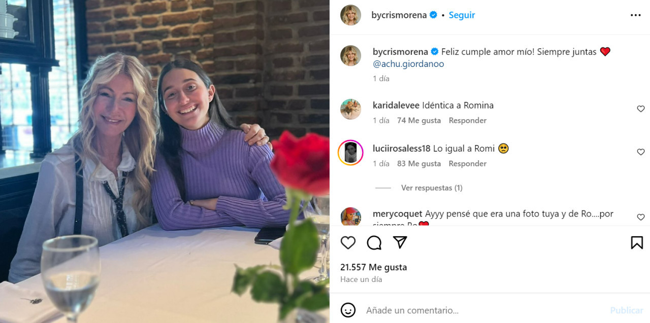 La hija de Romina Yan cumplió 18 años. Foto: Instagram.