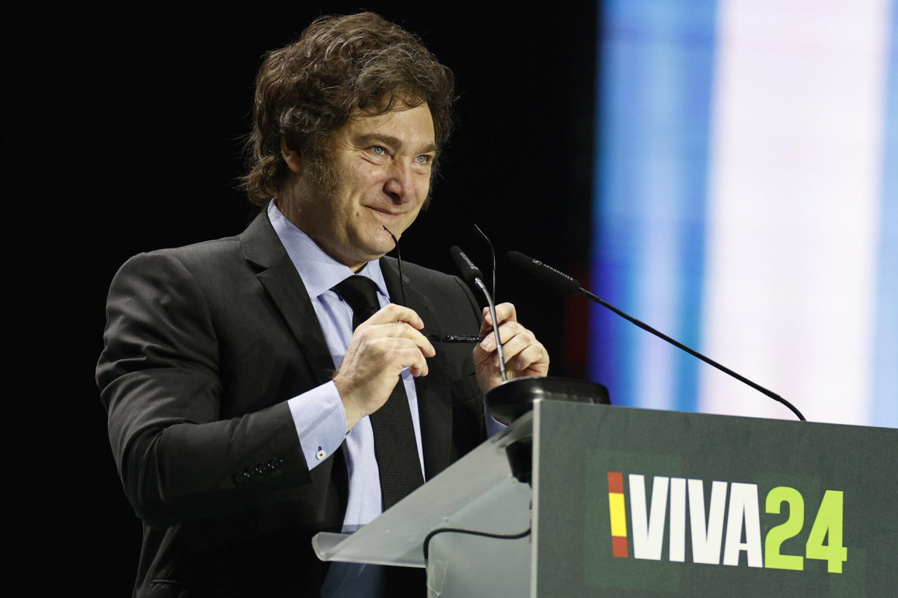 Javier Milei en su discurso en Europa Viva 2024, evento organizado por Vox. Foto: EFE.